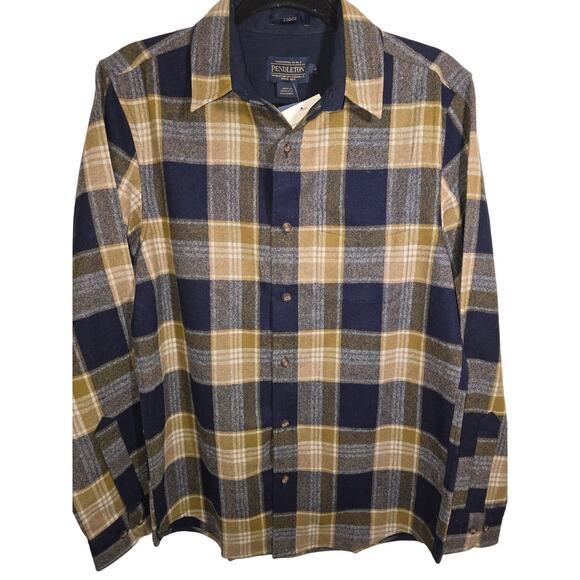 NWTags Mens Pendelton Lodge Plaid 100% Virgin Wool Button Up Shirt Blue Yellow - Picture 3 of 9